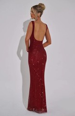 Women Red Maxi Dress Rhinestone Evening Party Long Dress Backless Elegant XS-XL