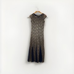 Vtg Y2k 90s Maxi Dress Gold Embroidered Knit Pleated Fairy Grunge Whimsigoth PS