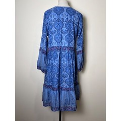 Bella Tu Floral Cotton Embroidered Midi Dress L Blue Block Print Boho Resortwear