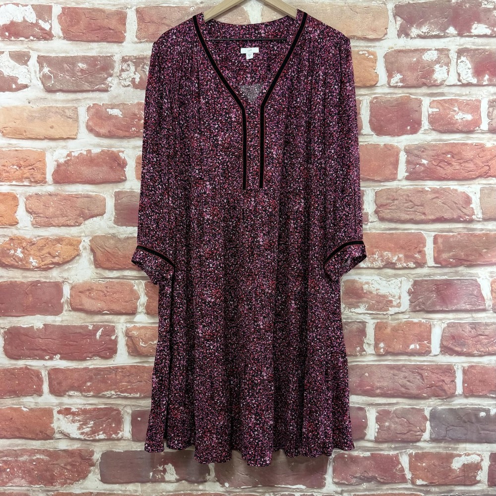 J Jill Dress Womens XL Multicolor Cottage Ditsy Floral Velvet Velour Trim Midi