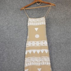 Fairy Boho Waist Drop Sequin Dress XS Beige Green Silk Maxi Resort Cruise FLAWED