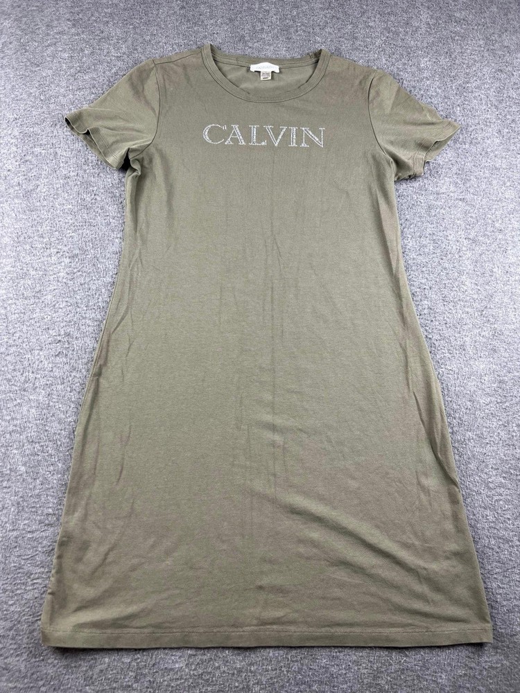 Calvin Klein Casual Olive Green Dress with Rhinestone Logo Size Medium