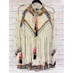 Hemant & Nandita Mana Rare Stripe Ivory Embroidered Tassel Mini Dress Boho Sz XS