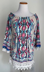 Pink Owl Boho Tunic Off Shoulder Mini Dress, Trumpet Sleeves, Lace Hem, Small