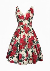 NWT: Tatyana White Midi Dress with Red Rose Print Pinup 40&rsquo;s/50&rsquo;s Fit and Flare
