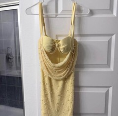 Yellow Beaded Mesh Cowl Neck Maxi Dress, Spaghetti Straps, Women’s S