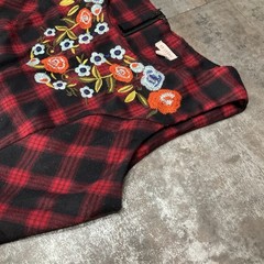 ModCloth En Crème Buffalo Plaid Fit & Flare Embroidered Floral Bib Dress, Sz S