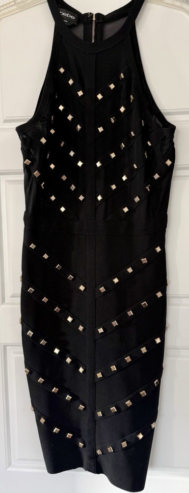 bebe Black Bodycon Halter Neck Mesh Sheer Top Studded Bodycon Dress XS/S
