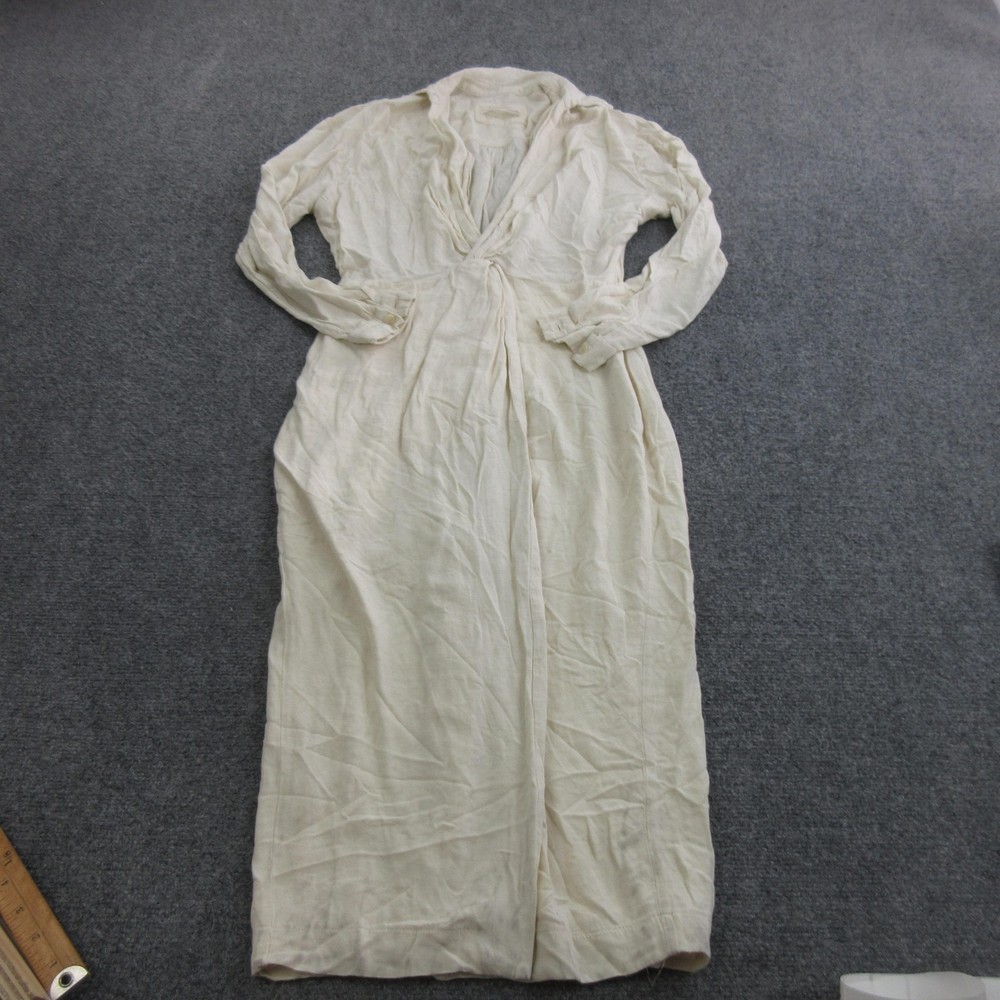 Anthropologie Dress Womens 6 White Linen Maxi Wrap Collared Long Sleeve