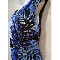 Connected Apparel Midi Dress Women 16 Blue Black Tropical Sheath Stretch Pull On