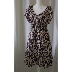 Terra & Sky Womens 0X 14W Black Cream Botanical Leaf Print Smocked Midi Dress
