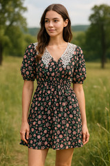 ZARA Floral Mini Dress XL Black Pink Green Crochet Collar Join Life Cottagecore