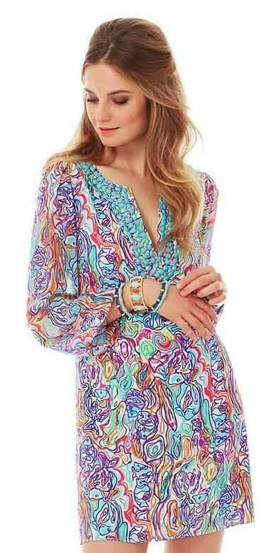 Lilly Pulitzer Saemus What A Catch Beaded Belted Silk CDC Tunic Shift Dress