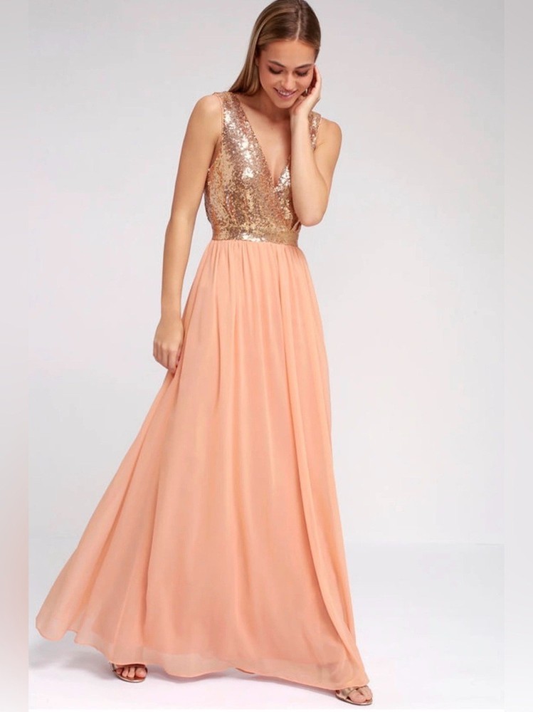 Lulus Elegant Encounter Rose Gold Sequin Maxi Dress Bodice Peach