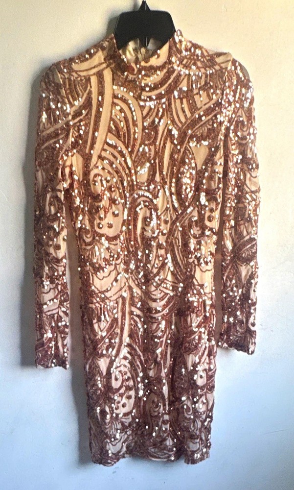Fashion Nova Rose Gold Sequin Mesh Mock Neck Long Sleeve Bodycon Dress size L