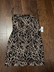 Jump Juniors&rsquo; Sequin Spaghetti-Strap Bodycon Mesh Dress – Black Gold, Size 5/6,