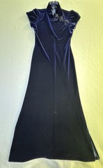 Rhapsody LTD Dress Womens 4 Petite Navy Velvet Maxi Cheongsam Short Sleeve