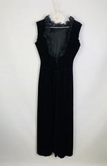 Vintage 70s Old Money Black Tie Velour Velvet Open Back Lace Gown Dress USA 10
