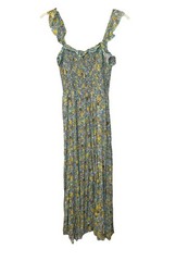 Natural Life SMALL Green Multi Floral Smocked Ruffled Midi Sun Dress Leg Slit