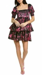 Alice + Olivia Emmalou Tiered Mini Floral Puff Sleeve Dress 8 M Pink Black $395