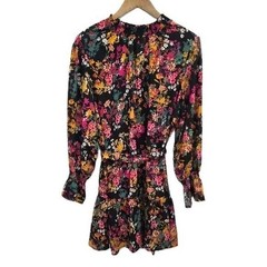 Ophelia Roe Boho Mini Dress Floral Tie Waist Long Sleeve Black Pink L