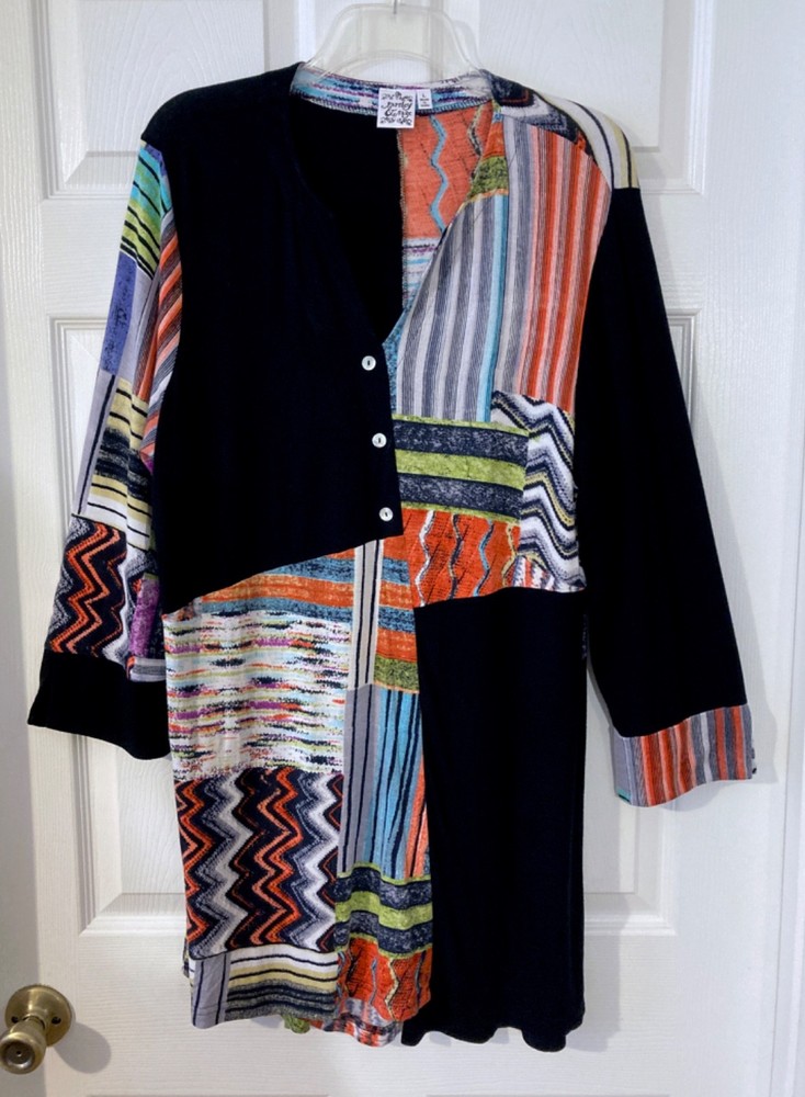 Parsley & Sage Boho Patchwork Knit Tunic Shirt Dress Sz L Artsy Button Accent