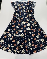 Yathon Navy Floral Ruffle Flutter Sleeve A-Line Knee Length Round Neck Dress