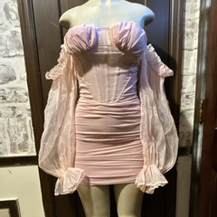 Pink Off Shoulder Ruched Corset Mesh Mini Bodycon Dress Puff Sleeve S Zip