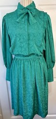 80s LIZ CLAIBORNE Green Floral Pussy Bow Pleated Secretary Dress Rare Size 14