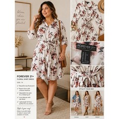 Forever 21+ Plus Size Floral Shirt Dress White Pink Rose Tie Waist 1X