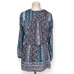 NORDSTROM CHELSEA28 Boho Print Babydoll Blouson Dress Mini Puff Sleeve Teal Red