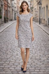 Lina Tomei Tan Navy Embroidered 100%Linen Dress Euro Summer Stretch Panels sz M