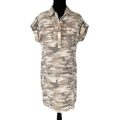 Vince Camuto Camo Print Shirt Dress Womens XS Grey Beige Cotton Lyocell Relaxed