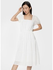 BLACK TAPE Womens White Lined Pullover Tie Pouf Sleeve Midi A-Line Dress L