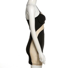 Sexy Women Sleeveless One-shoulder Mesh See-through Patchwork Bodycon Mini Dress