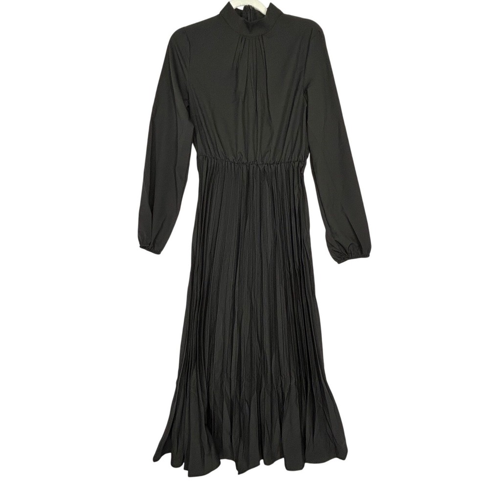 Basic Black Long-Sleeved Dress Elastic Waist Pleated Skirt MISSING BELT M NWOT