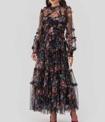 Elegant Floral Organza Wedding Midi Dress Size XL Black Red Ruffle Layered Lined