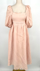 Mable Embo S pale Pink Midi Dress Scallop 100% linen Puff Sleeves open bow back