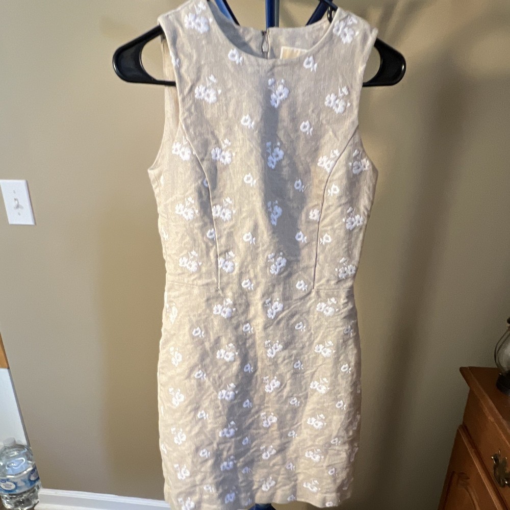 Michael Michael Kors Beige Linen Embroidered Floral Sheath Dress Sleeveless 0