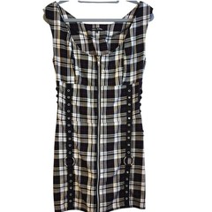 Hell Bunny Size Large Black White Plaid Corset Dress O-Rings Lace Up Sides Back