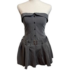 NWT Pinstripe Strapless Micro Mini Skort Dress L Pleated Schoolgirl Coquette Y2K