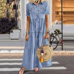 Retro Women Dresses 2022 Short Sleeve Turn Down Collar Pockets Button Long Loose