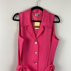 Coldwater Creek Linen Blend Button Front Midi Dress Size 16 Pink Tie Waist