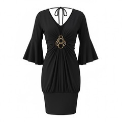 VTG Jagger Black Dress Gold/Onxy Glass Embellish Belle Sleeve Bodycon Club Wear