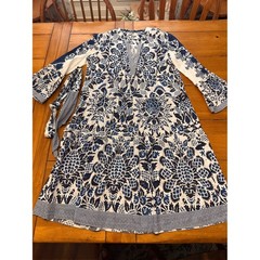 Lola Australia Blue White Pineapple Print Tiered Midi Tunic Dress Bell Sleeve Sm