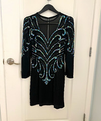 A.J. Bari Black Solid Beaded Sequin Sheath V-Neck Long Sleeve Knee Dress 10P