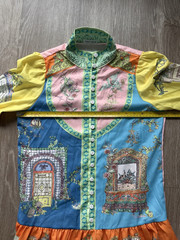 Eclectic Whimsical Botanical and Architectural Motifs Mini Dress Linen Blend NWT
