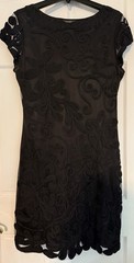 Damee Inc Black Soutache Lace Dress Size 14 VTG Midi Sheer Stretch Short Sleeve