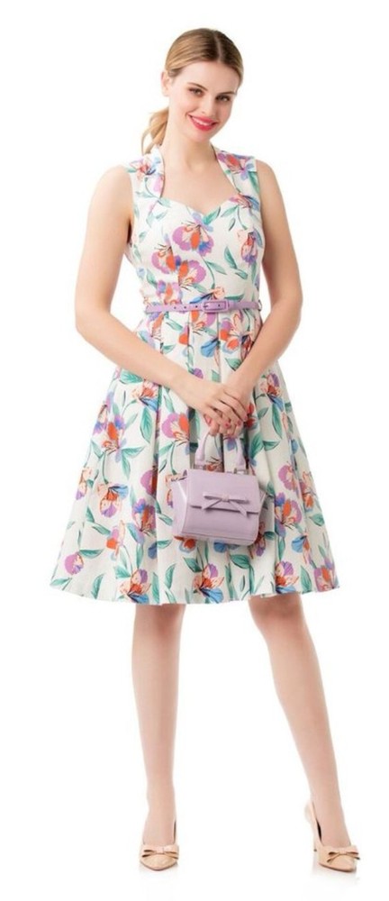 REVIEW Sz 10 M White Floral Paradise 50s Sleeveless Sweetheart Knee Leng Dress