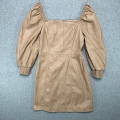 7 For All Mankind Faux Leather Square Neck Smocked Bodice Puff Sleeve Mini Dress